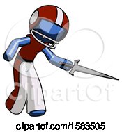 Poster, Art Print Of Blue Football Player Man Sword Pose Stabbing Or Jabbing