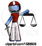 Poster, Art Print Of Blue Football Player Man Justice Concept With Scales And Sword Justicia Derived