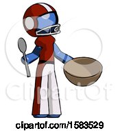 Poster, Art Print Of Blue Football Player Man With Empty Bowl And Spoon Ready To Make Something