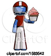 Poster, Art Print Of Blue Football Player Man Presenting Pink Cupcake To Viewer