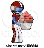 Poster, Art Print Of Blue Football Player Man Holding Large Cupcake Ready To Eat Or Serve