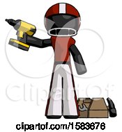 Poster, Art Print Of Black Football Player Man Holding Drill Ready To Work Toolchest And Tools To Right