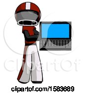 Poster, Art Print Of Black Football Player Man Holding Laptop Computer Presenting Something On Screen