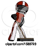 Poster, Art Print Of Black Football Player Man Cleaning Services Janitor Sweeping Floor With Push Broom
