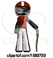 Black Football Player Man Standing With Hiking Stick