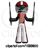 Poster, Art Print Of Black Football Player Man Posing With Two Ninja Sword Katanas Up