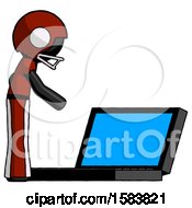 Poster, Art Print Of Black Football Player Man Using Large Laptop Computer Side Orthographic View
