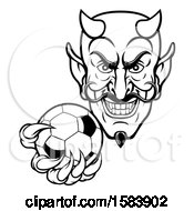Poster, Art Print Of Black And White Grinning Evil Devil Holding Out A Soccer Ball In A Clawed Hand