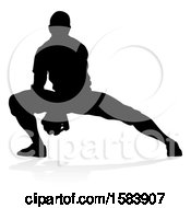 Clipart Of A Black Silhouetted Baseball Player With A Shadow On A White Background Royalty Free Vector Illustration