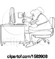 Clipart Of A Cartoon Lineart Black Woman Smoking Holding A Coffee Cup And Working At A Desk In Her Underwear Royalty Free Vector Illustration