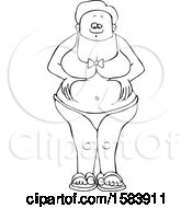 Clipart Of A Cartoon Lineart Black Woman In A Bikini Squeezing Her Belly Fat Royalty Free Vector Illustration