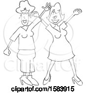 Clipart Of Cartoon Lineart Women Waving And Welcoming Royalty Free Vector Illustration