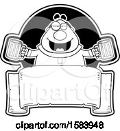 Clipart Of A Black And White Drunk Monk Holding Beer Mugs Over A Blank Banner Royalty Free Vector Illustration by Cory Thoman