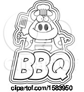 Poster, Art Print Of Lineart Grilling Chef Cow Holding A Spatula Over Bbq Text