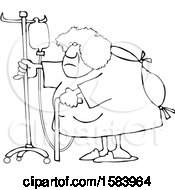 Clipart Of A Cartoon Lineart Hospitalized Black Woman Walking Around With An Intravenous Drip Line Royalty Free Vector Illustration