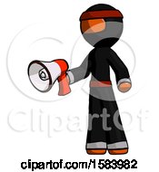 Orange Ninja Warrior Man Holding Megaphone Bullhorn Facing Right