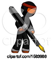 Poster, Art Print Of Orange Ninja Warrior Man Drawing Or Writing With Large Calligraphy Pen