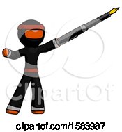 Poster, Art Print Of Orange Ninja Warrior Man Pen Is Mightier Than The Sword Calligraphy Pose