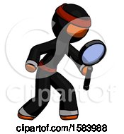 Poster, Art Print Of Orange Ninja Warrior Man Inspecting With Large Magnifying Glass Right
