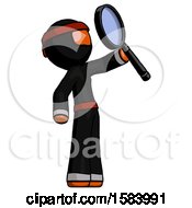 Poster, Art Print Of Orange Ninja Warrior Man Inspecting With Large Magnifying Glass Facing Up