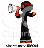 Poster, Art Print Of Orange Ninja Warrior Man Shouting Into Megaphone Bullhorn Facing Left