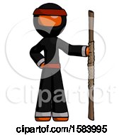 Poster, Art Print Of Orange Ninja Warrior Man Holding Staff Or Bo Staff