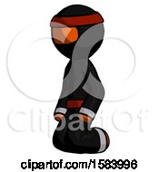 Poster, Art Print Of Orange Ninja Warrior Man Kneeling Angle View Left