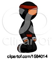 Poster, Art Print Of Orange Ninja Warrior Man Kneeling Angle View Right