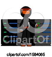 Poster, Art Print Of Orange Ninja Warrior Man With Server Racks In Front Of Two Networked Systems