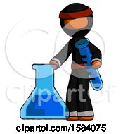 Orange Ninja Warrior Man Holding Test Tube Beside Beaker Or Flask