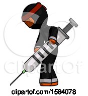 Poster, Art Print Of Orange Ninja Warrior Man Using Syringe Giving Injection
