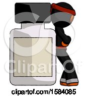 Poster, Art Print Of Orange Ninja Warrior Man Leaning Against Large Medicine Bottle