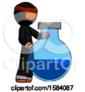 Orange Ninja Warrior Man Standing Beside Large Round Flask Or Beaker