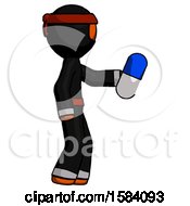 Orange Ninja Warrior Man Holding Blue Pill Walking To Right