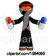 Orange Ninja Warrior Man Holding A Red Pill And Blue Pill