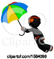 Orange Ninja Warrior Man Flying With Rainbow Colored Umbrella