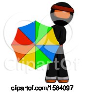 Poster, Art Print Of Orange Ninja Warrior Man Holding Rainbow Umbrella Out To Viewer
