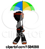 Poster, Art Print Of Orange Ninja Warrior Man Walking With Colored Umbrella