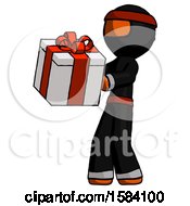 Orange Ninja Warrior Man Presenting A Present With Large Red Bow On It