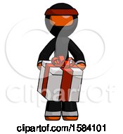 Poster, Art Print Of Orange Ninja Warrior Man Gifting Present With Large Bow Front View