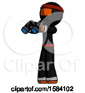 Orange Ninja Warrior Man Holding Binoculars Ready To Look Left