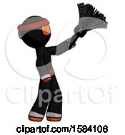 Poster, Art Print Of Orange Ninja Warrior Man Dusting With Feather Duster Upwards