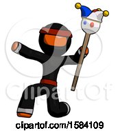 Poster, Art Print Of Orange Ninja Warrior Man Holding Jester Staff Posing Charismatically