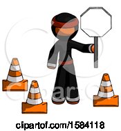 Poster, Art Print Of Orange Ninja Warrior Man Holding Stop Sign By Traffic Cones Under Construction Concept
