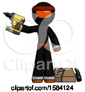 Poster, Art Print Of Orange Ninja Warrior Man Holding Drill Ready To Work Toolchest And Tools To Right