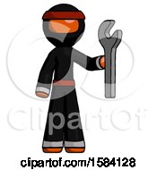 Poster, Art Print Of Orange Ninja Warrior Man Holding Wrench Ready To Repair Or Work