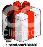 Poster, Art Print Of Orange Ninja Warrior Man Leaning On Gift With Red Bow Angle View