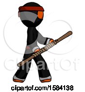 Poster, Art Print Of Orange Ninja Warrior Man Holding Bo Staff In Sideways Defense Pose