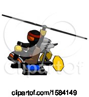 Orange Ninja Warrior Man Flying In Gyrocopter Front Side Angle Top View