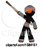 Orange Ninja Warrior Man Bo Staff Pointing Up Pose